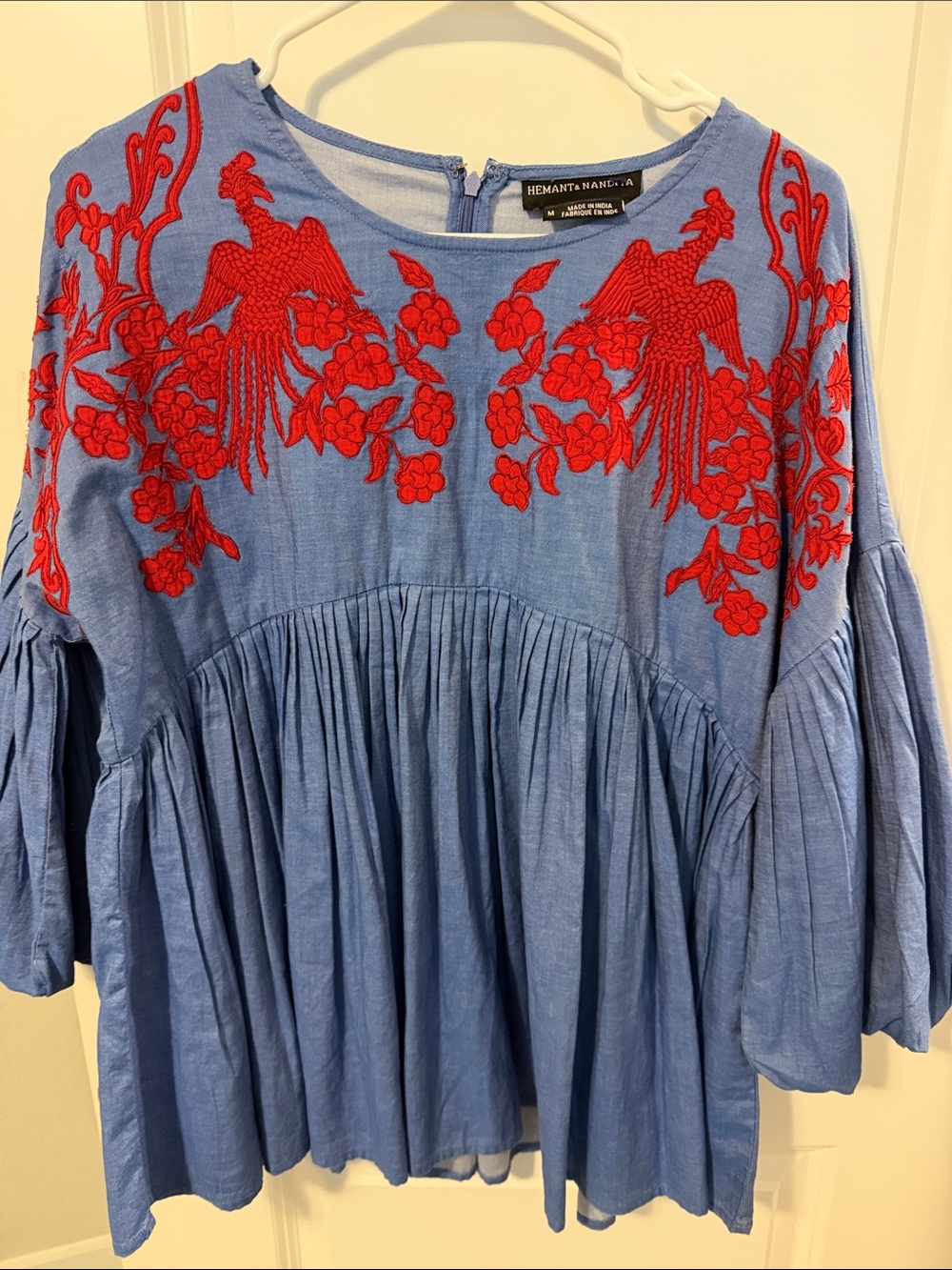 HEMANT & NANDITA Blue Tunic with Red Bird Embroidery